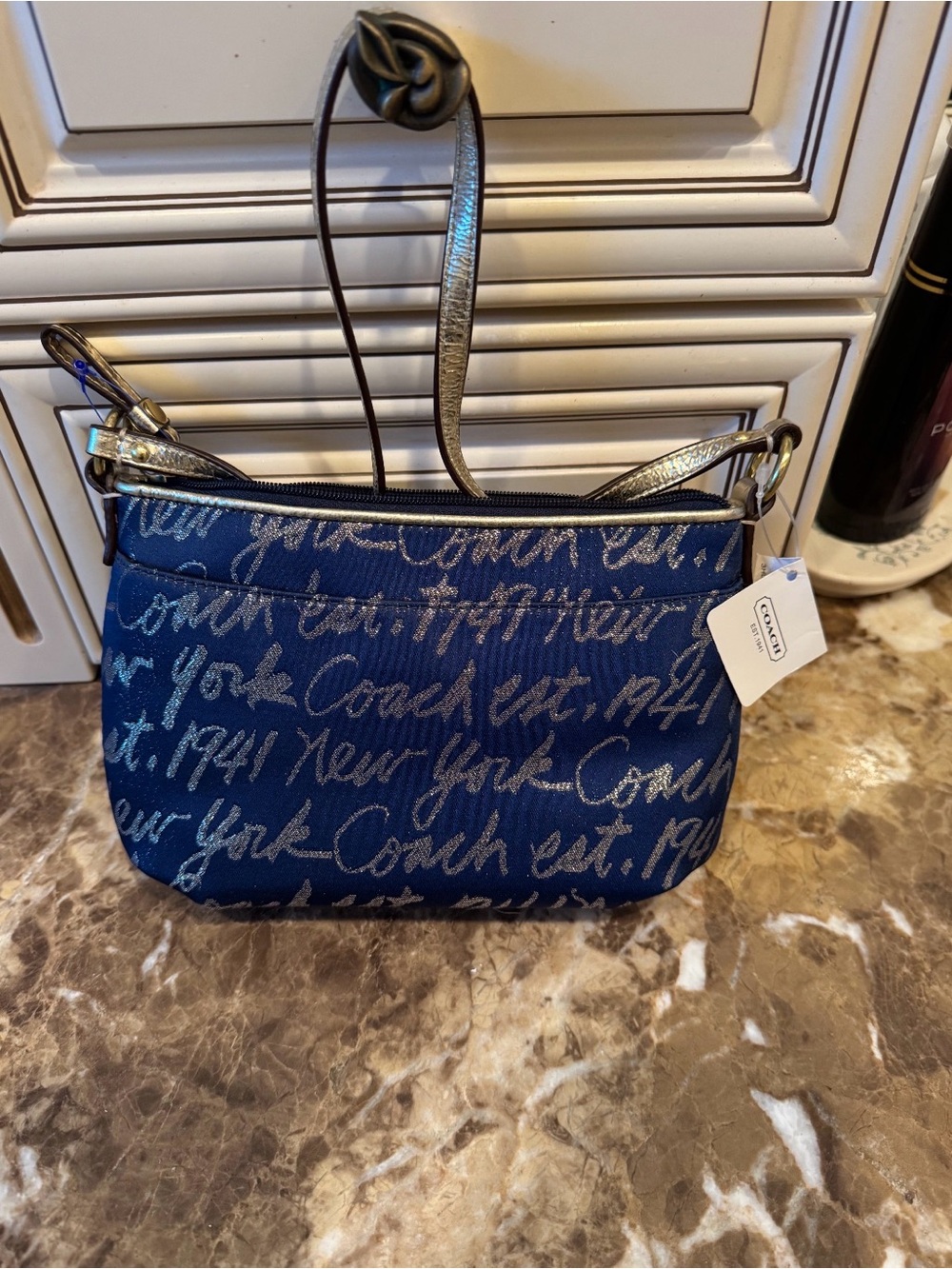 Coach Script Denim Navy Crossbody with Metallic Accents